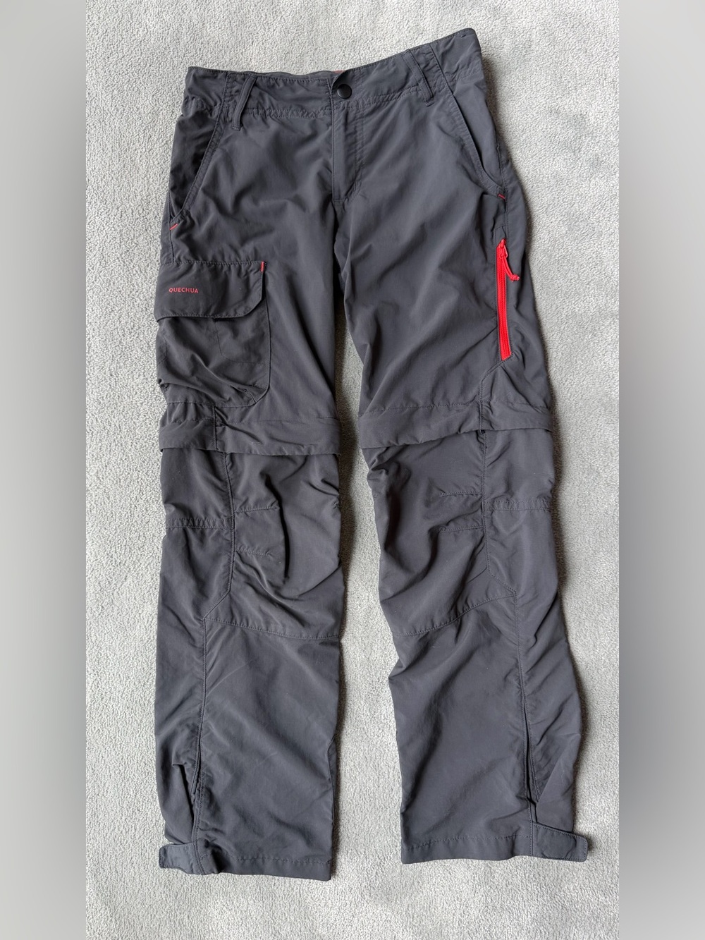 Quechua Boys Gray MH500 Convertible Hiking Pants With Contrast Red Zippers